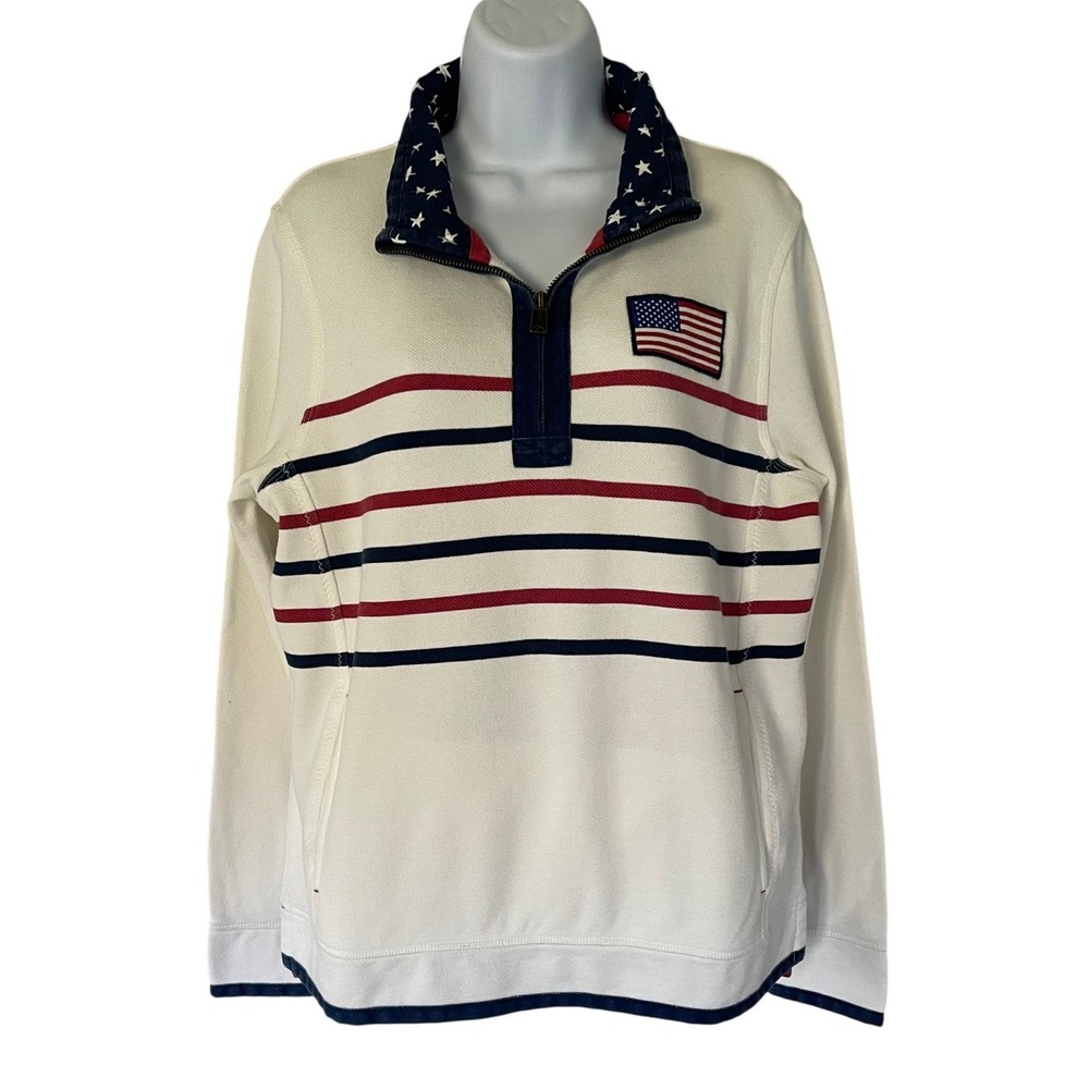 FatFace The Airlie Womens Patriotic Ecru Quarter Zip Cotton Pique USA Flag M